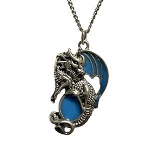 Blue & Silver Tone Dragon Pendant Chain Necklace Renfaire Fantasy Goth Gothic